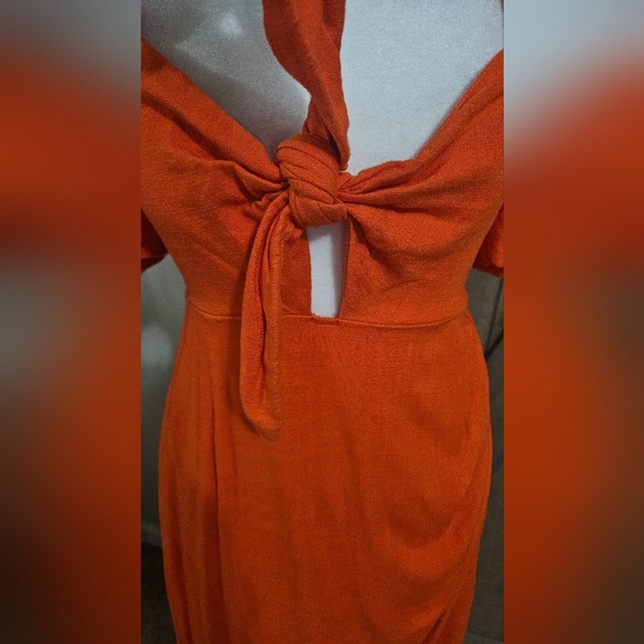 LUSH Orange/Red Linen Blend Front Tie Short Puff Sleeve Front Midi Dress.Size S - Picture 9 of 16